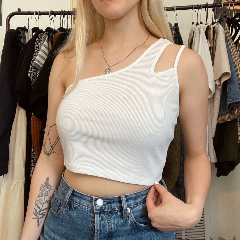 White One Shoulder Ribbed Crop Top